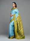 Sky Blue & Olive Green Mulberry Silk Bomkai Saree - Border and weave close-up