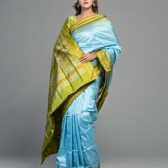 Sky Blue & Olive Green Mulberry Silk Bomkai Saree - Full drape view