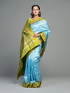 Sky Blue & Olive Green Mulberry Silk Bomkai Saree - Full drape view
