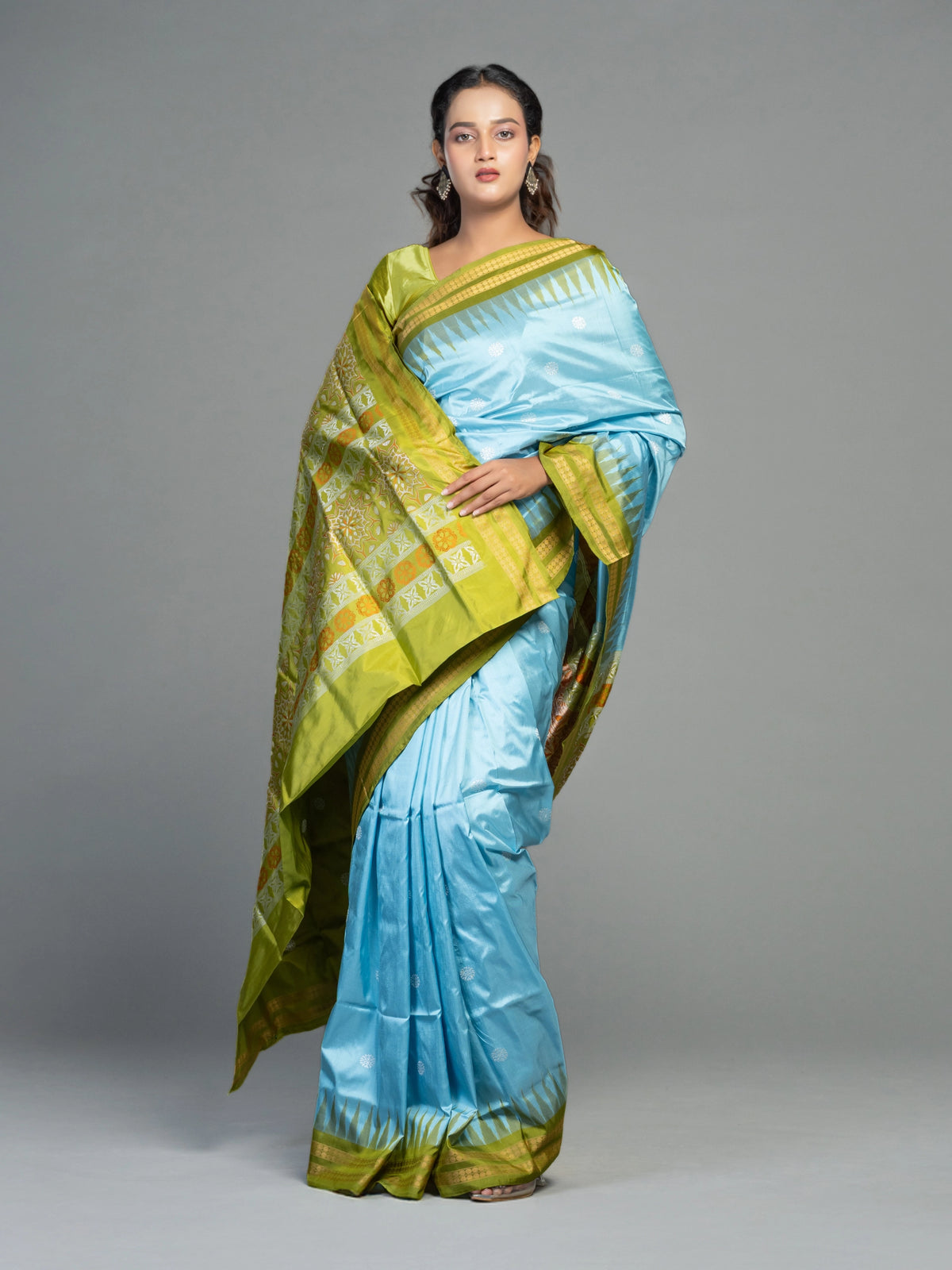 Sky Blue & Olive Green Mulberry Silk Bomkai Saree - Full drape view
