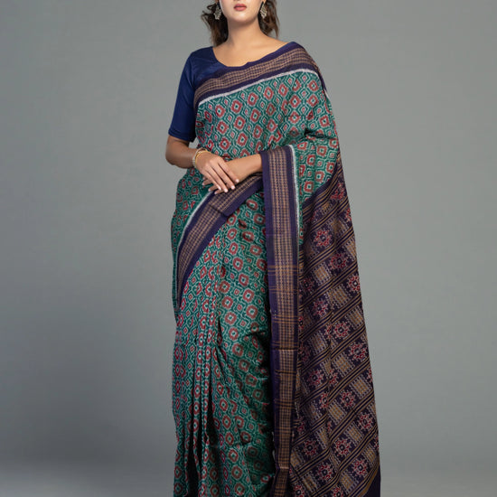 Teal & Green Fine Cotton Single Ikat Saree - Fabric texture and drape