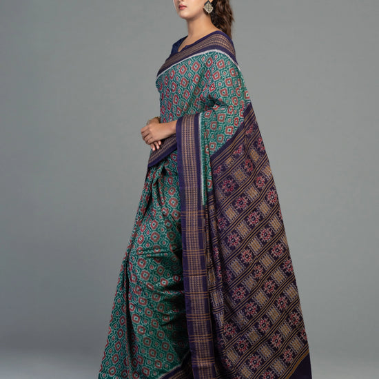 Teal & Green Fine Cotton Single Ikat Saree - Additional weave view