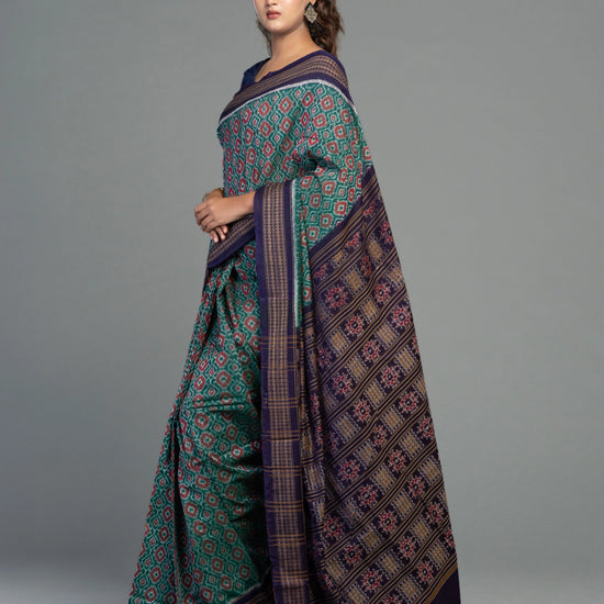 Teal & Green Fine Cotton Single Ikat Saree - Handloom detail shot
