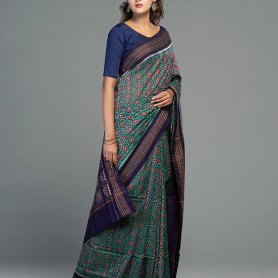 Teal & Green Fine Cotton Single Ikat Saree - Body motifs and craftsmanship