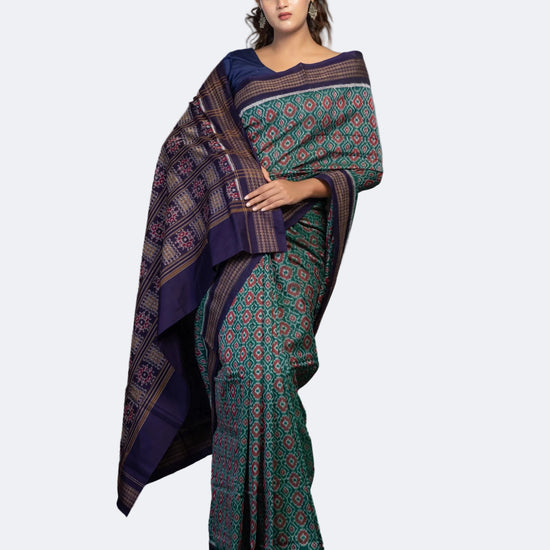 Teal & Green Fine Cotton Single Ikat Saree - Full drape view