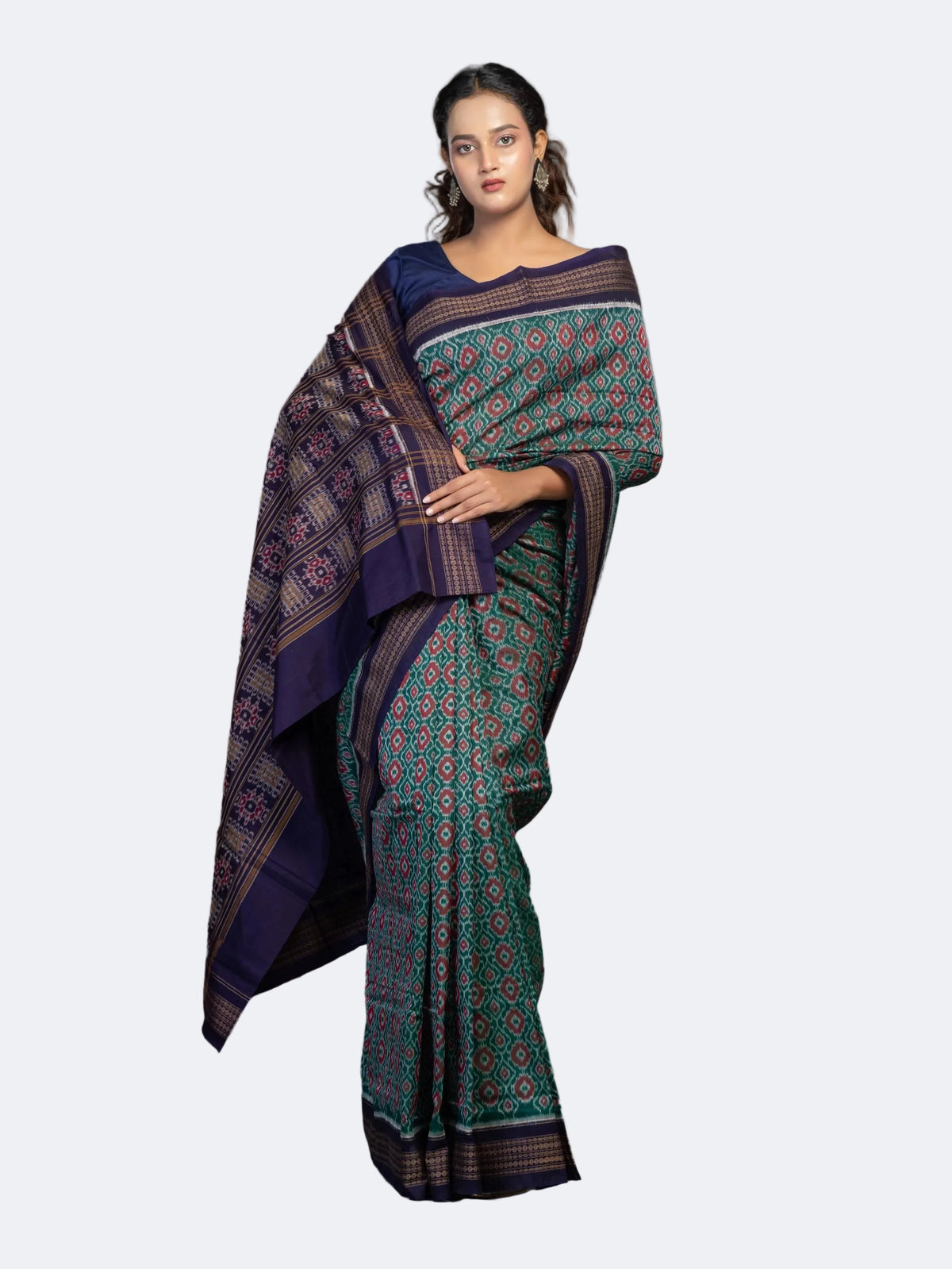 Teal & Green Fine Cotton Single Ikat Saree - Full drape view