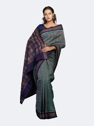 Teal & Green Fine Cotton Single Ikat Saree - Full drape view