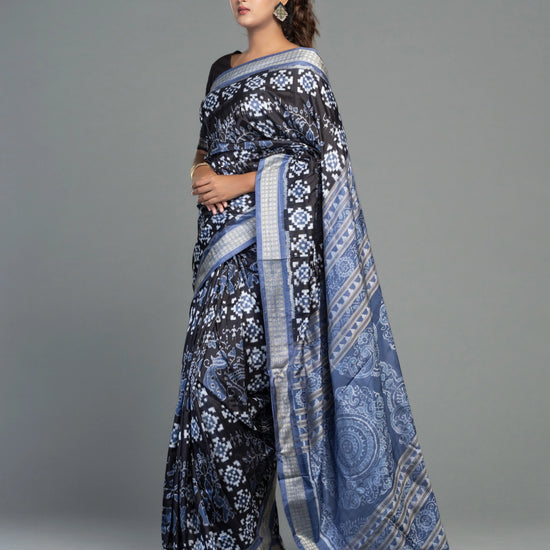 Black & Grey Pure Mulberry Silk Double Ikat Saree - Border and weave close-up