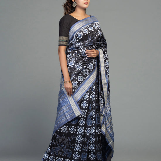 Black & Grey Pure Mulberry Silk Double Ikat Saree - Body motifs and craftsmanship
