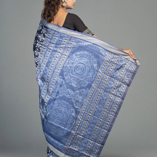 Black & Grey Pure Mulberry Silk Double Ikat Saree - Pallu and anchal detail