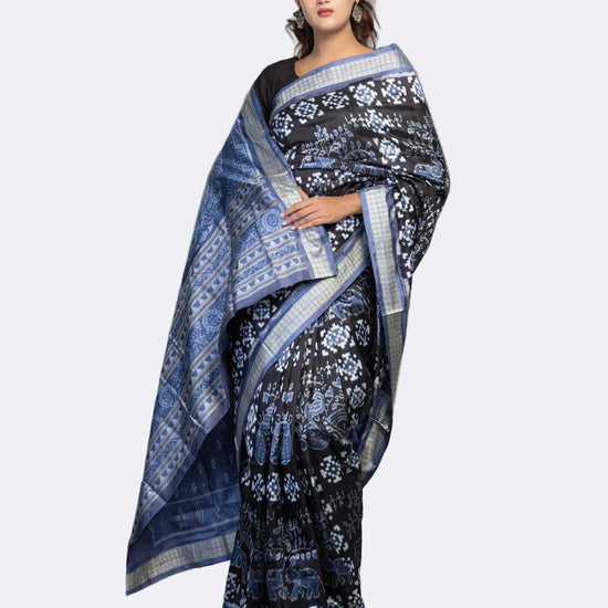 Black & Grey Pure Mulberry Silk Double Ikat Saree - Full drape view