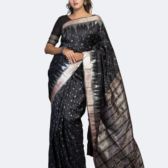 Berhampuri Black Half Tissue Silk Bomkai Saree - Full drape view