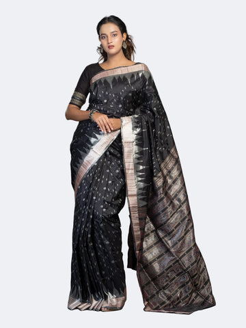 Berhampuri Black Half Tissue Silk Bomkai Saree - Full drape view