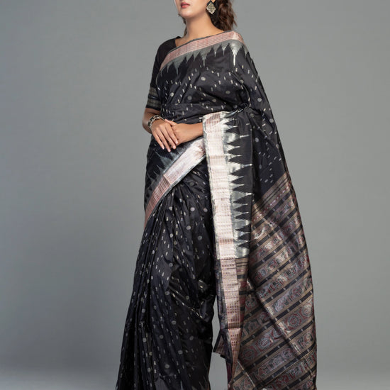 Berhampuri Black Half Tissue Silk Bomkai Saree - Fabric texture and drape
