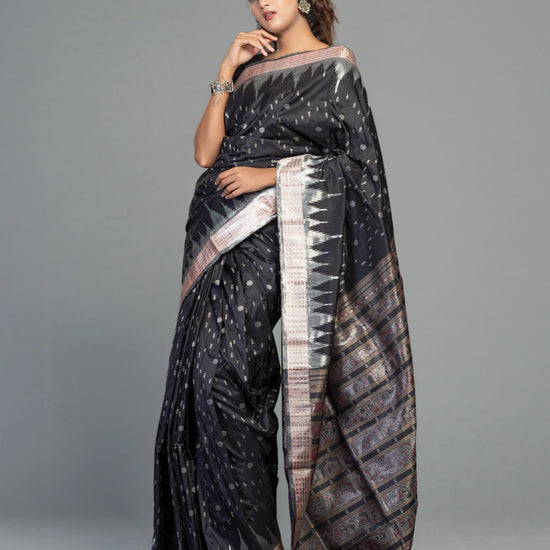 Berhampuri Black Half Tissue Silk Bomkai Saree - Additional weave view