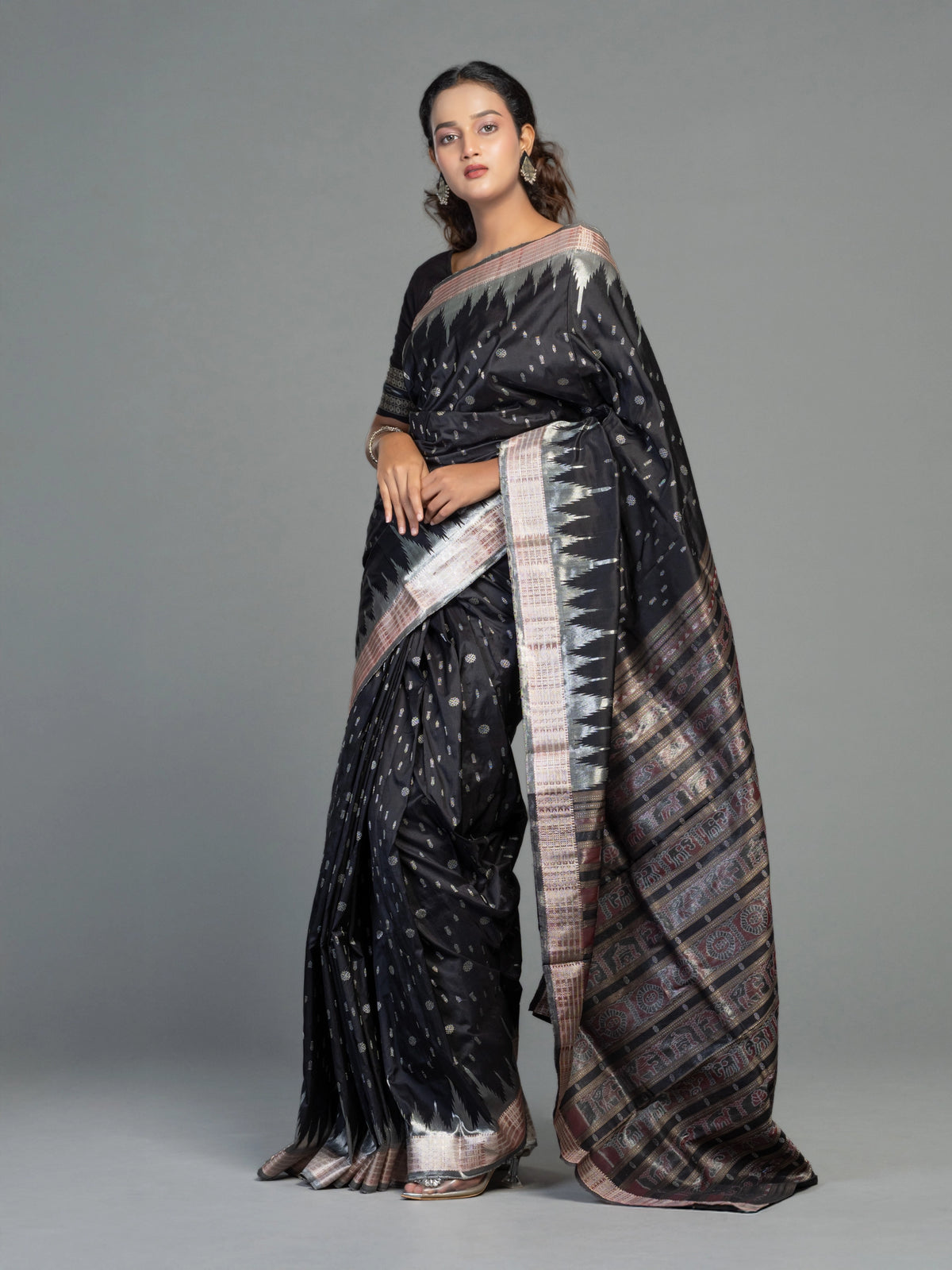 Berhampuri Black Half Tissue Silk Bomkai Saree - Handloom detail shot