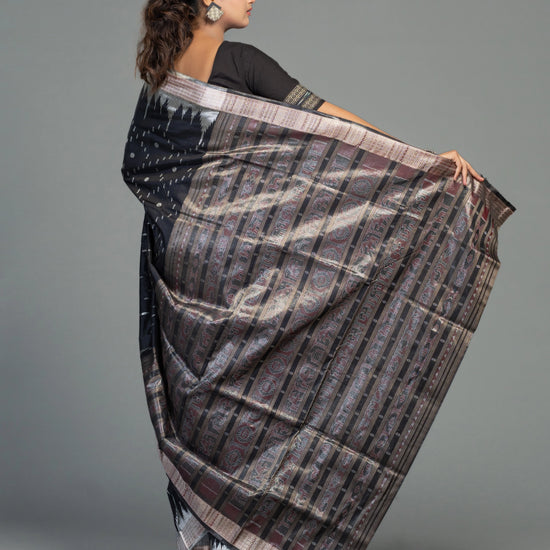 Berhampuri Black Half Tissue Silk Bomkai Saree - Pallu and anchal detail
