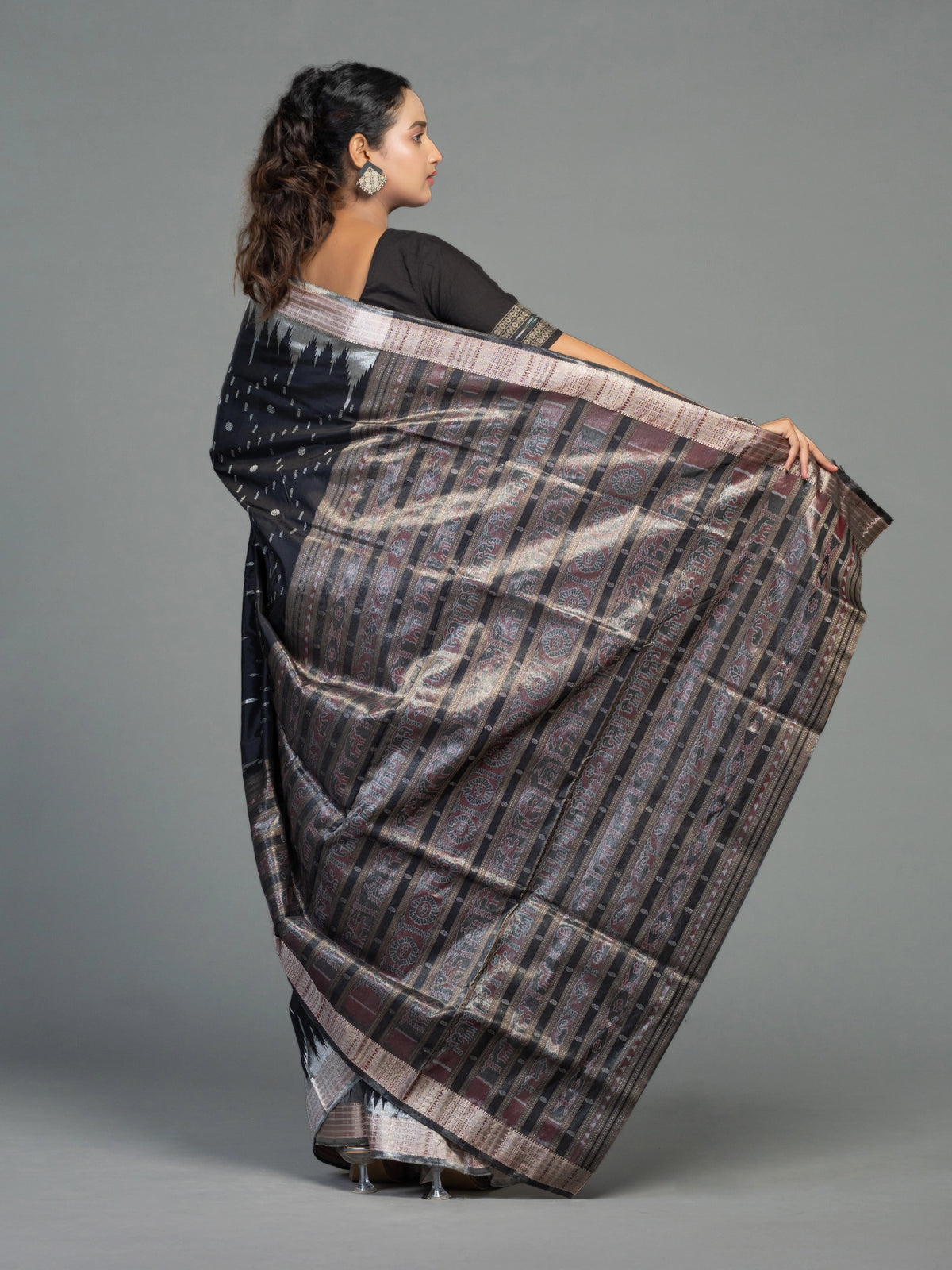 Berhampuri Black Half Tissue Silk Bomkai Saree - Pallu and anchal detail