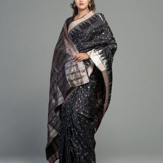 Berhampuri Black Half Tissue Silk Bomkai Saree - Border and weave close-up