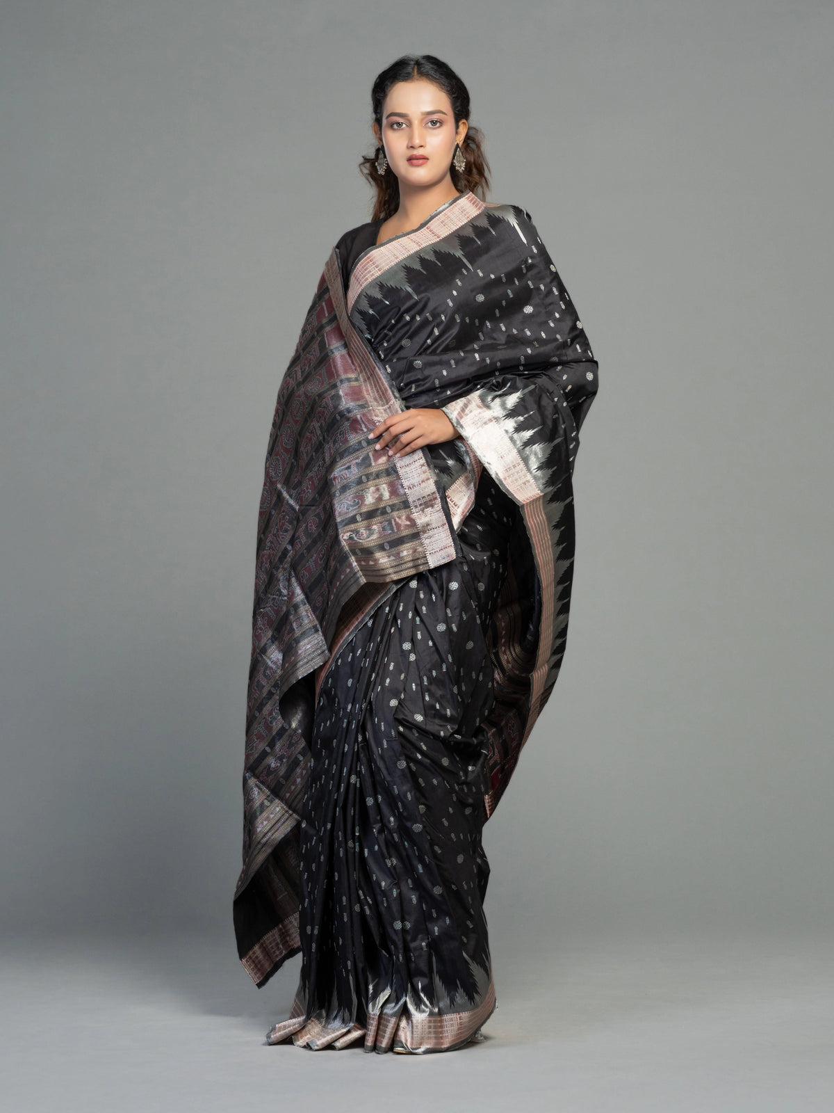 Berhampuri Black Half Tissue Silk Bomkai Saree - Border and weave close-up