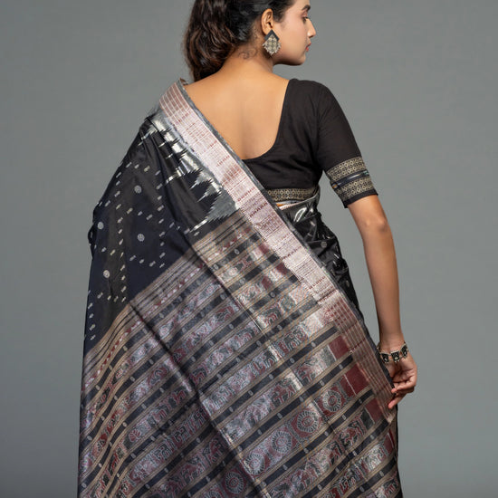 Berhampuri Black Half Tissue Silk Bomkai Saree - Blouse piece and border view