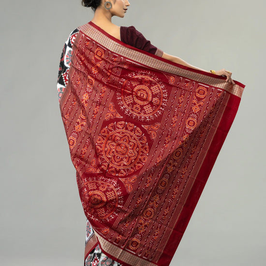 Black, Ivory & Deep Red Mulberry Silk Double Ikat Saree - Border and weave close-up