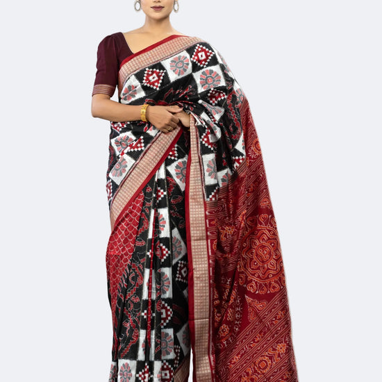 Black, Ivory & Deep Red Mulberry Silk Double Ikat Saree - Full drape view