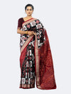 Black, Ivory & Deep Red Mulberry Silk Double Ikat Saree - Full drape view