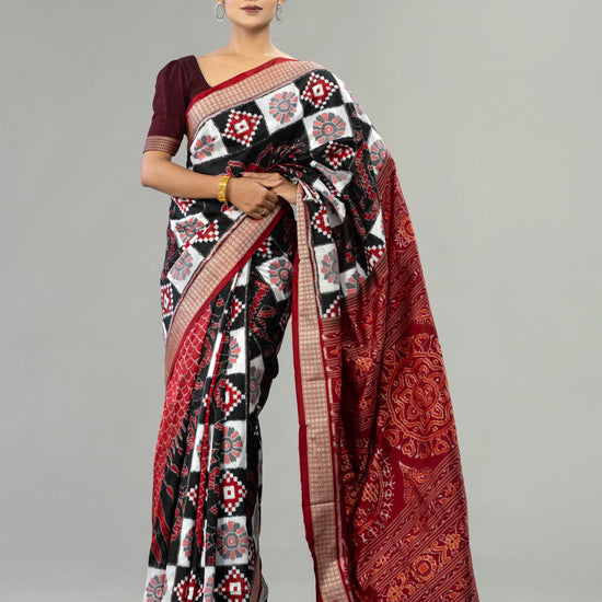 Black, Ivory & Deep Red Mulberry Silk Double Ikat Saree - Pallu and anchal detail