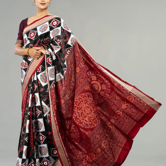Black, Ivory & Deep Red Mulberry Silk Double Ikat Saree - Body motifs and craftsmanship