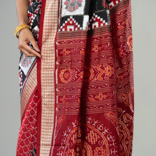 Black, Ivory & Deep Red Mulberry Silk Double Ikat Saree - Fabric texture and drape