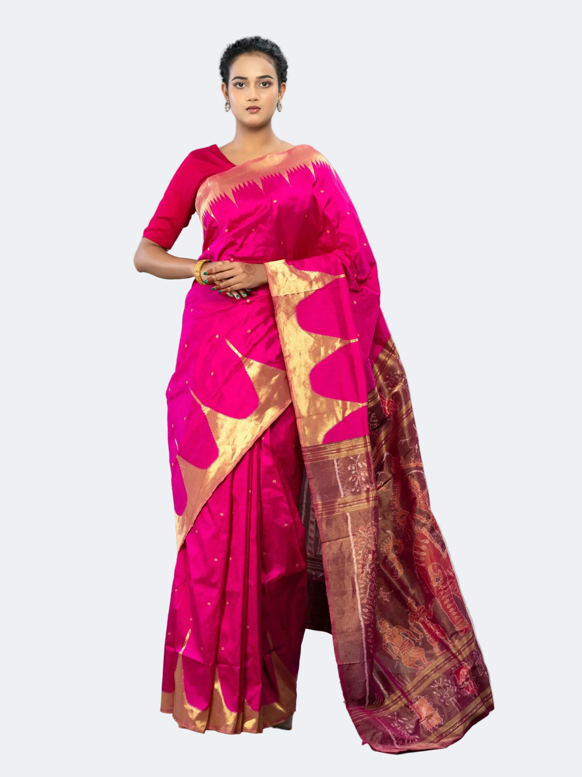 Magenta & Wine Berhampur Silk Tissue Saree - Full drape view