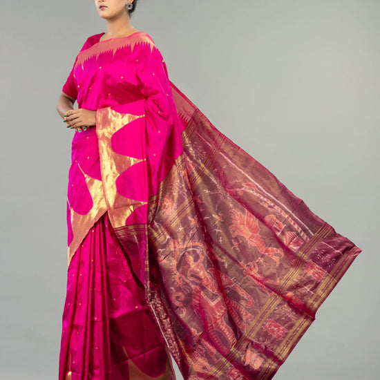 Magenta & Wine Berhampur Silk Tissue Saree - Handloom detail shot