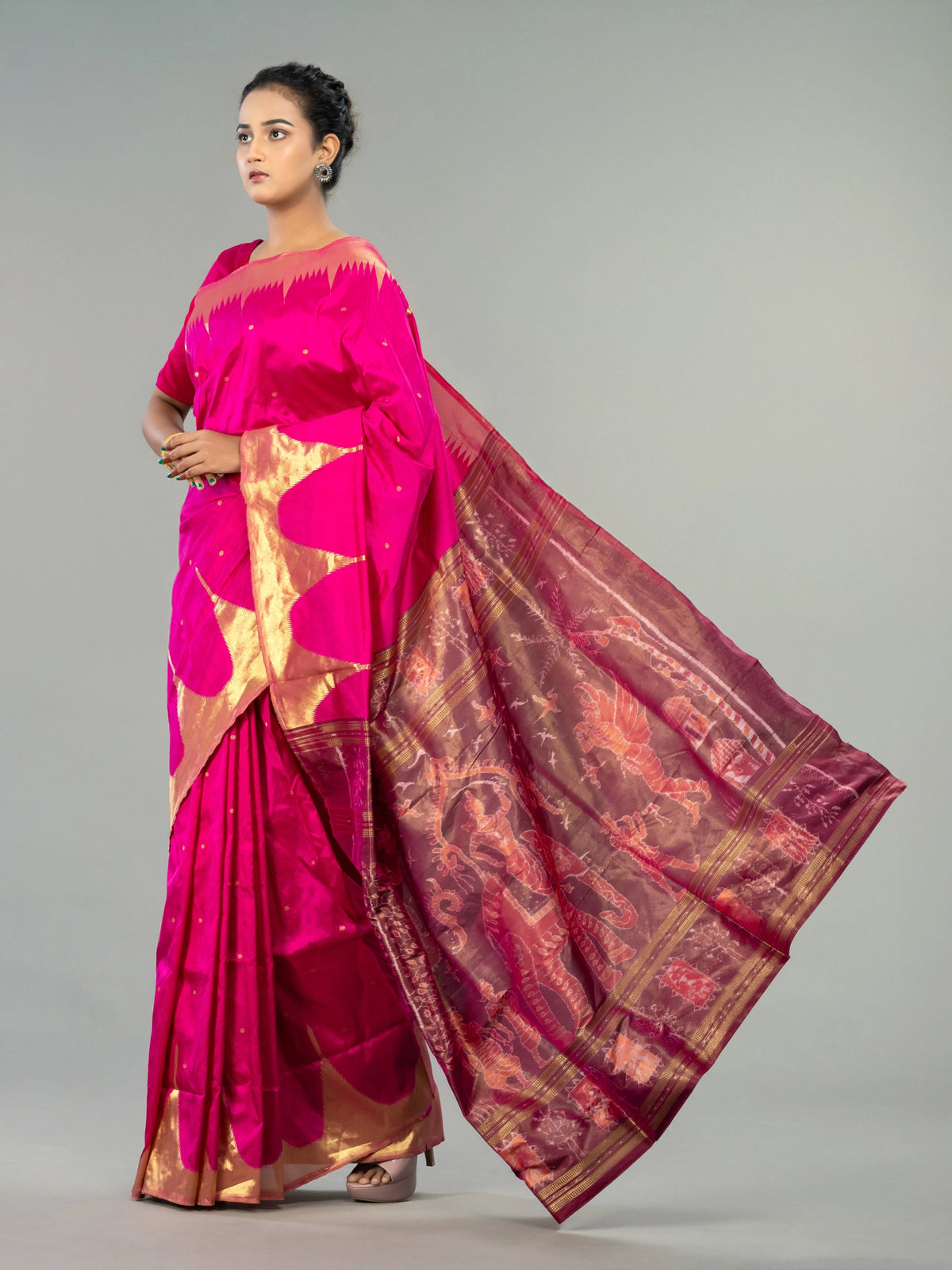 Magenta & Wine Berhampur Silk Tissue Saree - Handloom detail shot