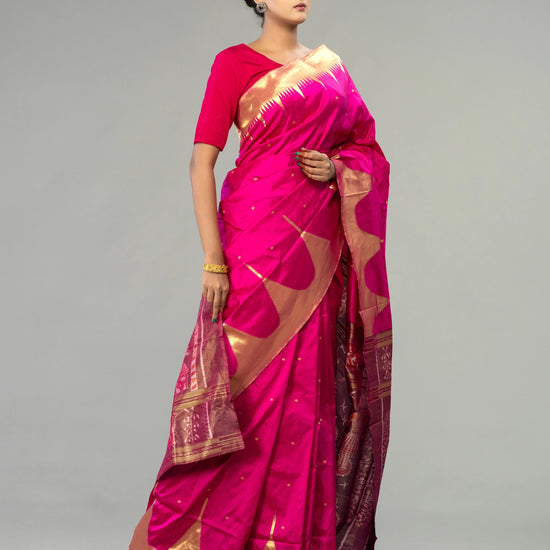 Magenta & Wine Berhampur Silk Tissue Saree - Border and weave close-up