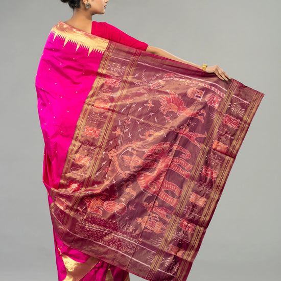 Magenta & Wine Berhampur Silk Tissue Saree - Pallu and anchal detail