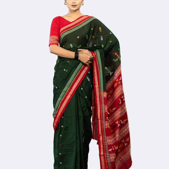 Forest Green & Red Pure Cotton Bomkai Saree - Full drape view