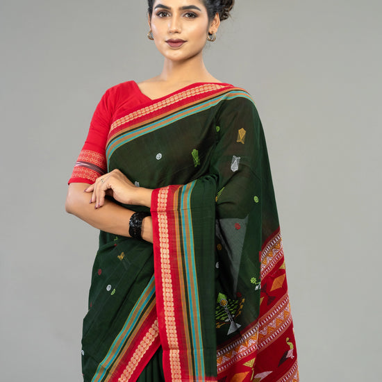 Forest Green & Red Pure Cotton Bomkai Saree - Handloom detail shot
