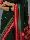 Forest Green & Red Pure Cotton Bomkai Saree - Fabric texture and drape