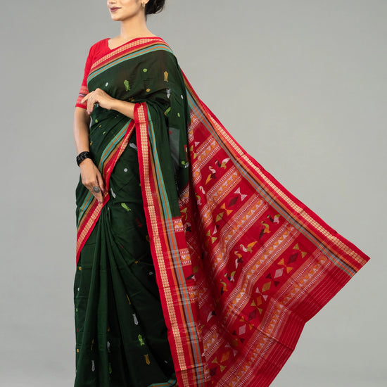 Forest Green & Red Pure Cotton Bomkai Saree - Body motifs and craftsmanship