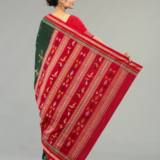 Forest Green & Red Pure Cotton Bomkai Saree - Border and weave close-up