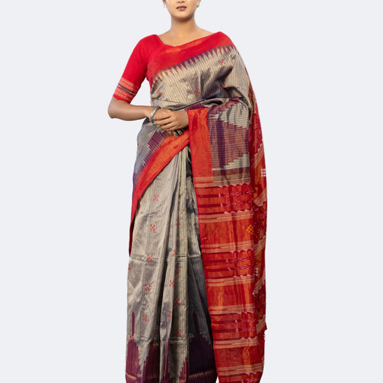 Grey & Muted Red Cotton Tissue Bomkai Saree - Full drape view