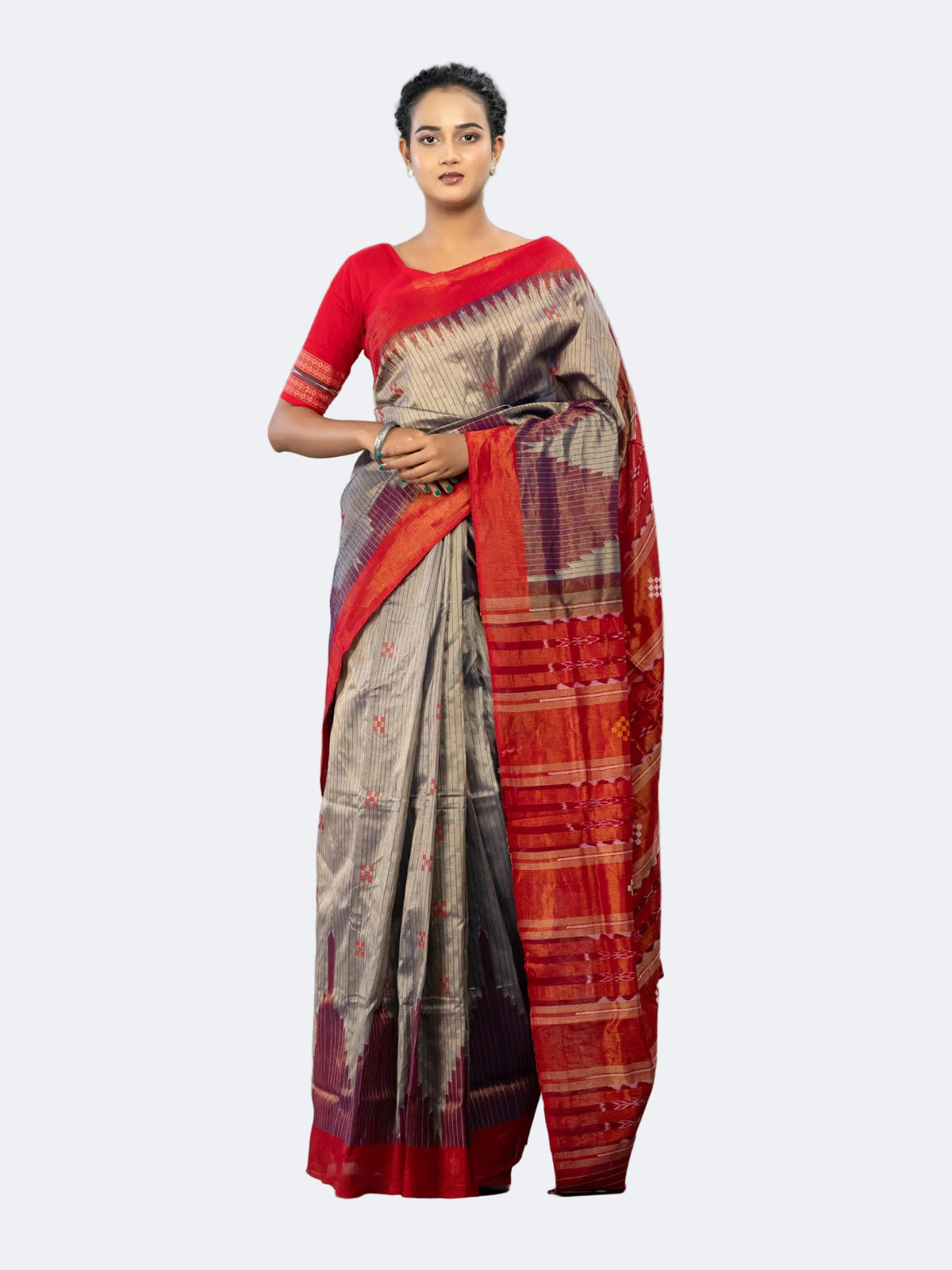 Grey & Muted Red Cotton Tissue Bomkai Saree - Full drape view