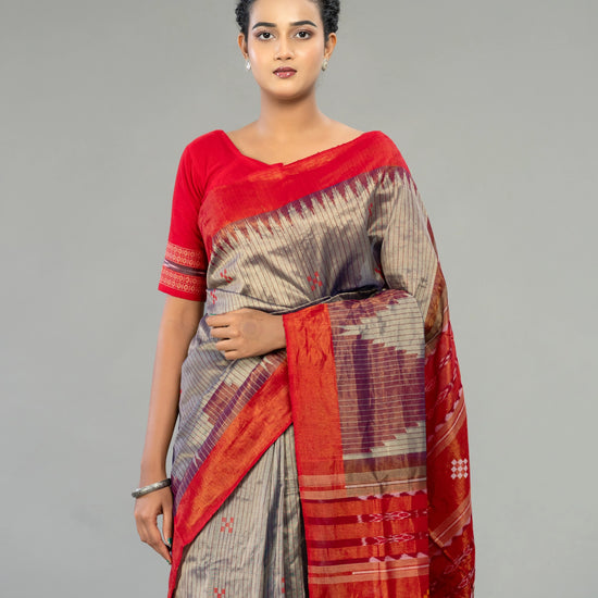 Grey & Muted Red Cotton Tissue Bomkai Saree - Handloom detail shot