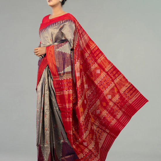Grey & Muted Red Cotton Tissue Bomkai Saree - Border and weave close-up