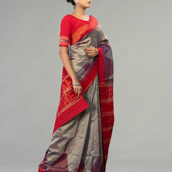 Grey & Muted Red Cotton Tissue Bomkai Saree - Pallu and anchal detail