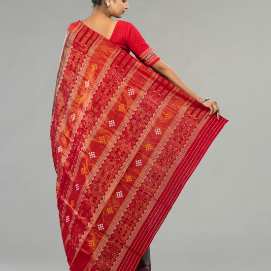 Grey & Muted Red Cotton Tissue Bomkai Saree - Body motifs and craftsmanship