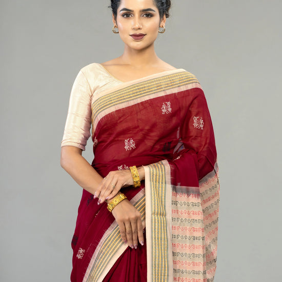 Wine Red & Cream Pure Cotton Bomkai Saree - Handloom detail shot