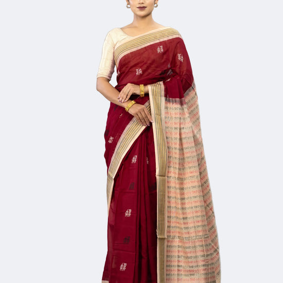 Wine Red & Cream Pure Cotton Bomkai Saree - Full drape view