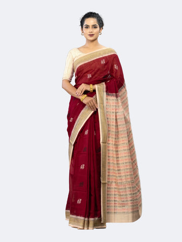Wine Red & Cream Pure Cotton Bomkai Saree - Full drape view